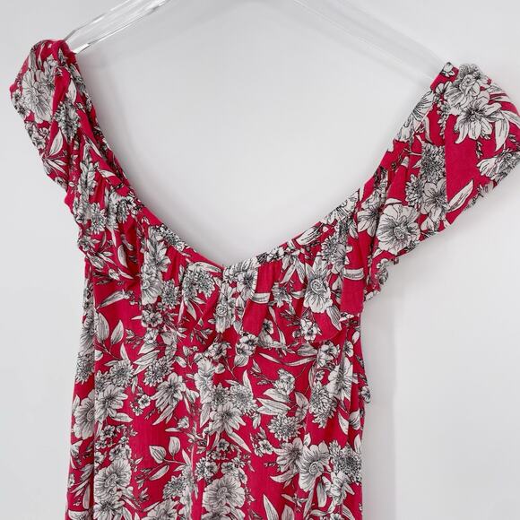 American Eagle Red Ruffle Hawaiian Lace Up Low Back Floral Sundress Small V Neck - Picture 8 of 9